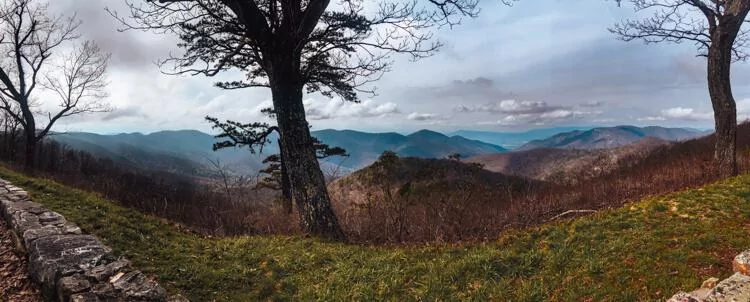 Panorama from an overlook on Skyline Drive of the view with mountains