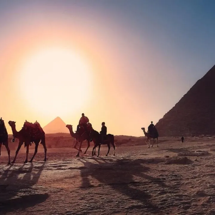 People on camels riding away from the pyramids
