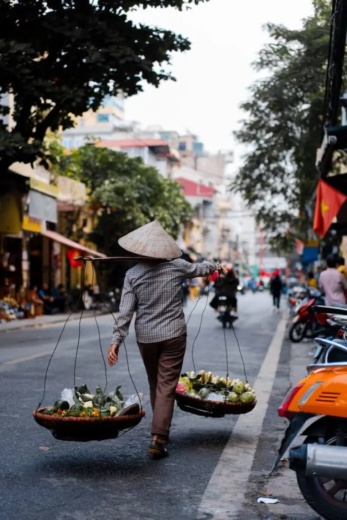 Person walking while balancing two baskets of fruit and veggies attached to a stick and the person is wearing a conical shaped hat