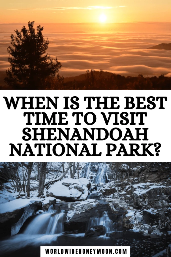 When is the Best Time to Visit Shenandoah National Park | Top photo is a sunset over the clouds and bottom photo is a waterfall in the winter