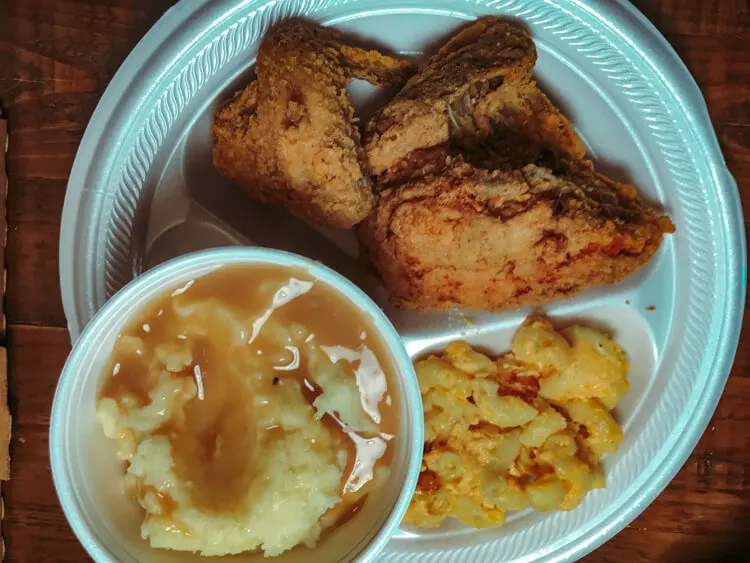 Fried chicken, mashed potatoes, and mac n cheese from Mrs. Wilkes Dining Room