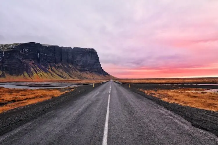 sunset along an Iceland road