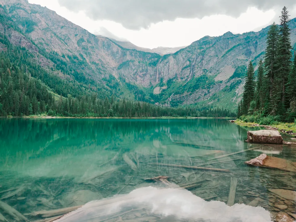 Avalanche Lake with waterfalls in the background