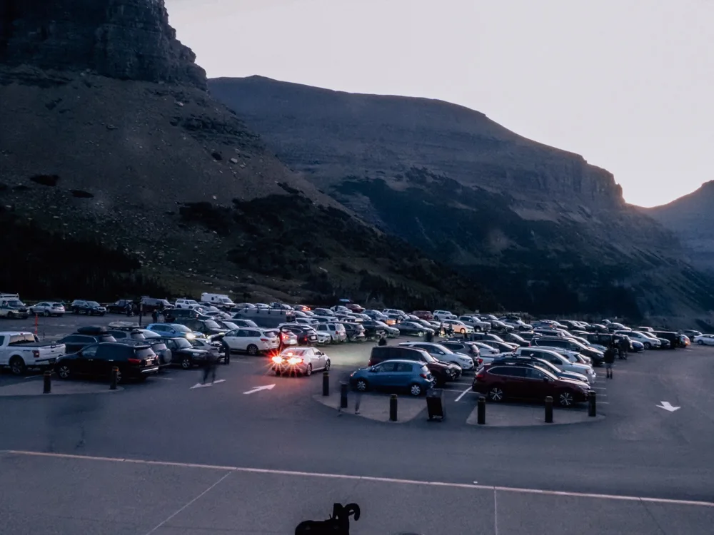 Logan Pass Parking Lot at 7 am that is full of cars