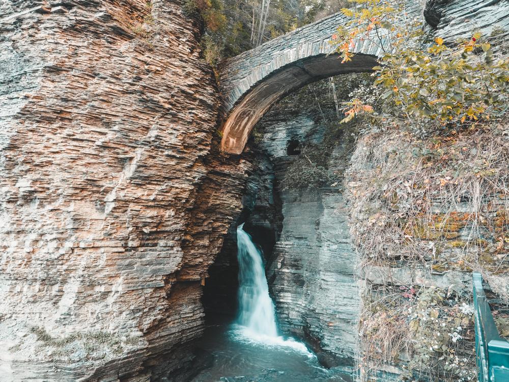Bridge and waterfall at the entrance of Watkins Glen
