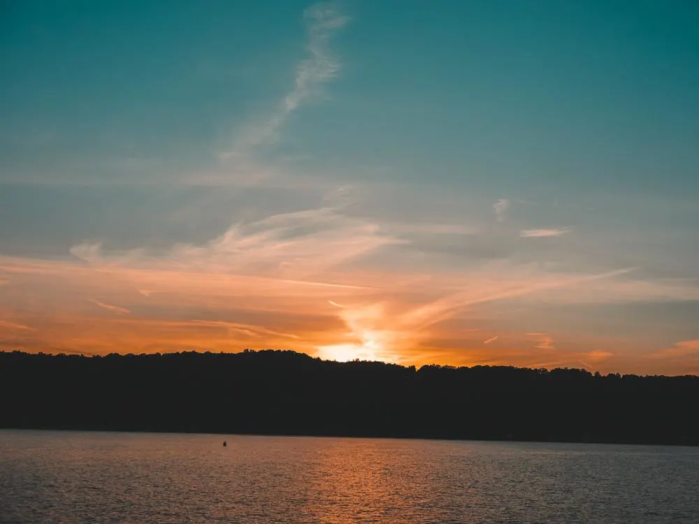 Pink and blue sunset over Cayuga Lake