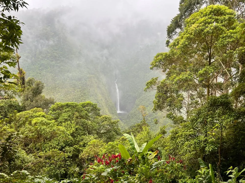 View of a waterfall from the cafe near La Fortuna