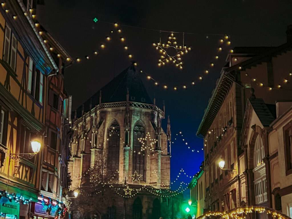 Colmar cathedral at night during the holidays