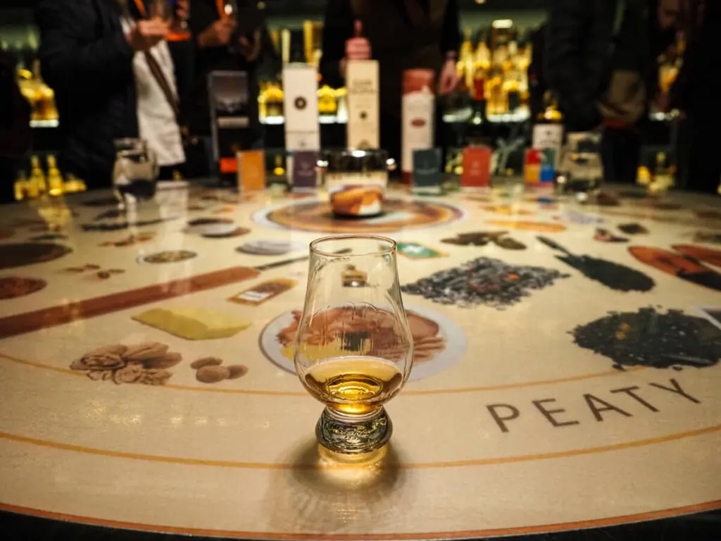 Dram of whisky on a table with photos of tasting notes