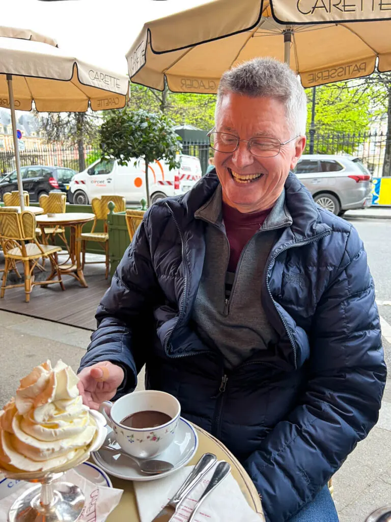 Jeff enjoying a hot chocolate at Carette