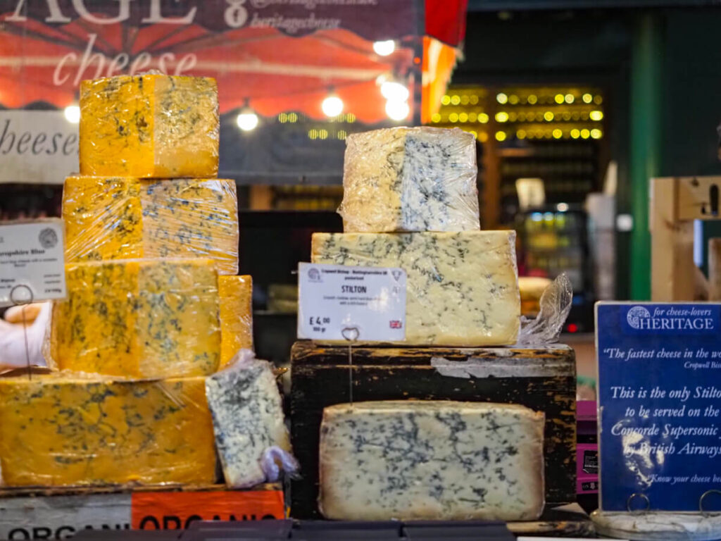Moldy cheeses at Borough Market in London