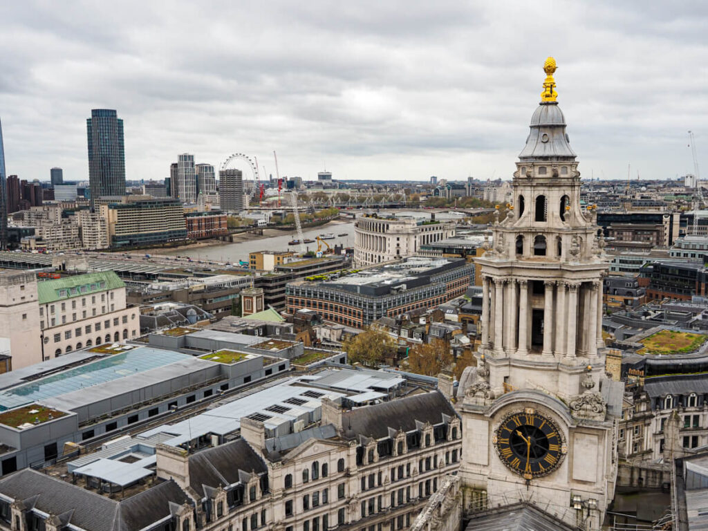 Steeple and views of London from St Pauls Cathedral