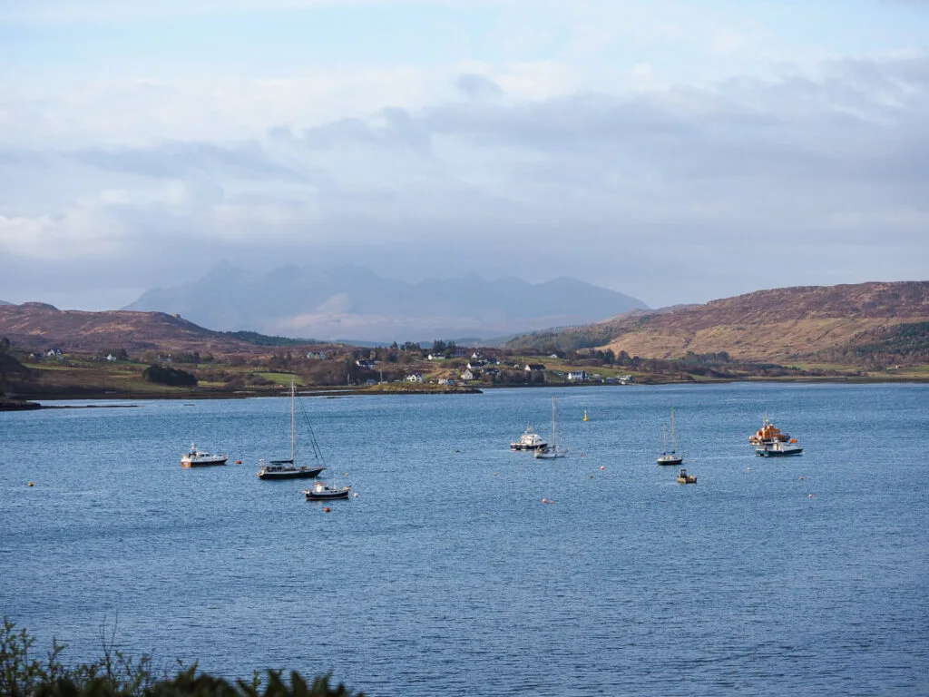 View of the harbor from Cuillin Hills Hotel on Isle of Skye