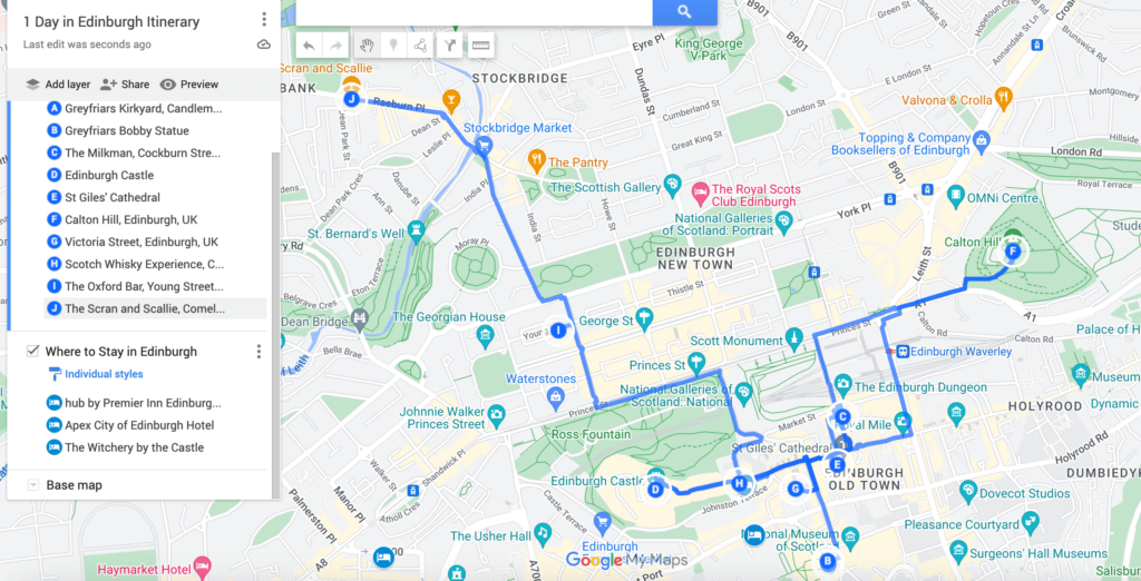 1 Day in Edinburgh Itinerary Map