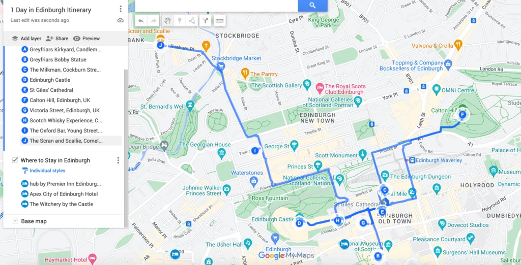 1 Day in Edinburgh Itinerary Map