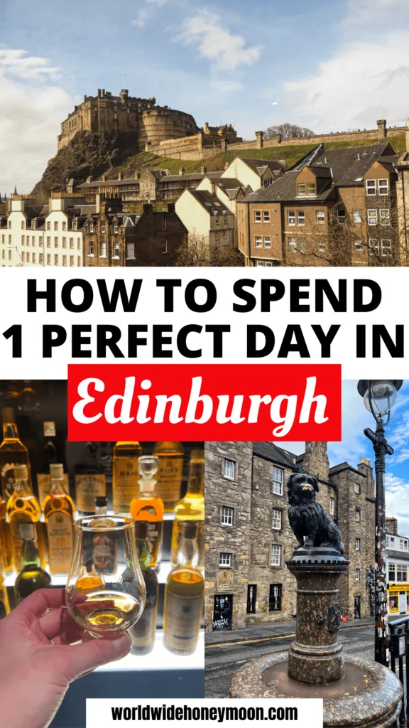 Want to spend 1 day in Edinburgh? This is your ultimate guide with stops in Greyfriars Kirkyard, Edinburgh Castle, Calton Hill, the Scotch Whisky Experience, a local pub, and a delicious dinner. From the Royal Mile to the best haggis in Scotland, this is the best way to spend a day in Edinburgh, Scotland! Save this pin for later!