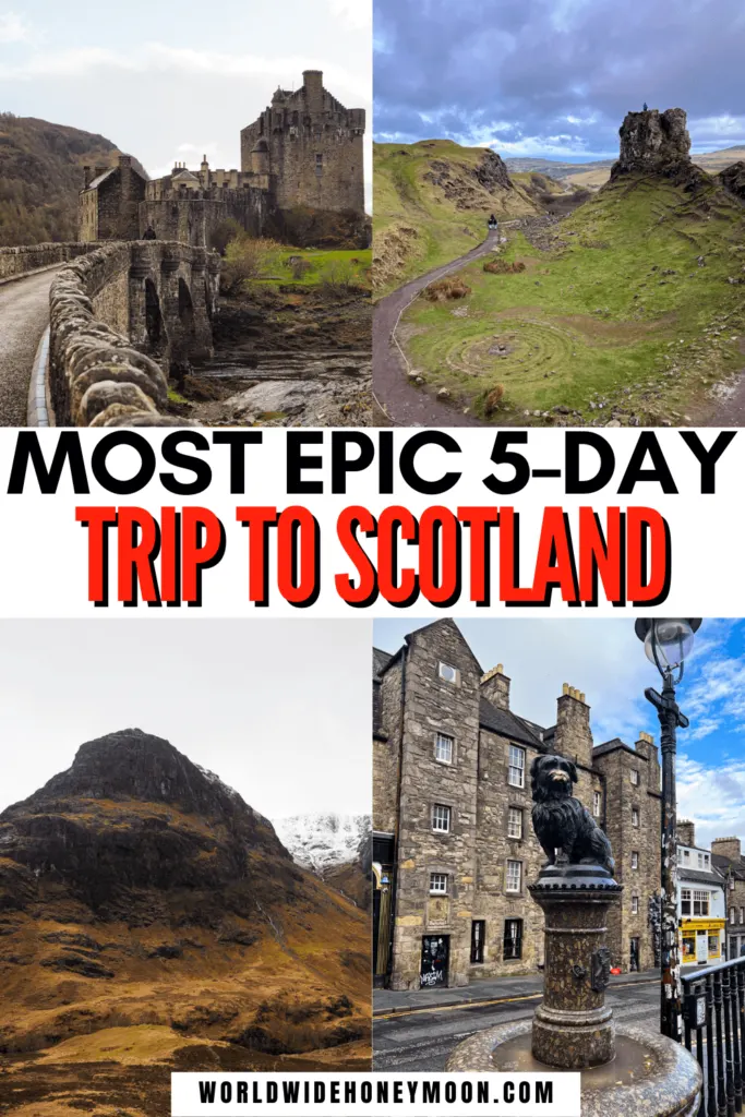 Dreaming of an epic 5-day trip to Scotland? This is the ultimate 5 days in Scotland itinerary including stops in Edinburgh, the Isle of Skye, Loch Lomond, and more! This Scotland road trip itinerary in 5 days has the best things to do in Scotland, best Scottish castles, great eats, fun hikes, and more! If you’re short on time and want to see the best of Scotland, this is your perfect trip! Save this pin for your trip!