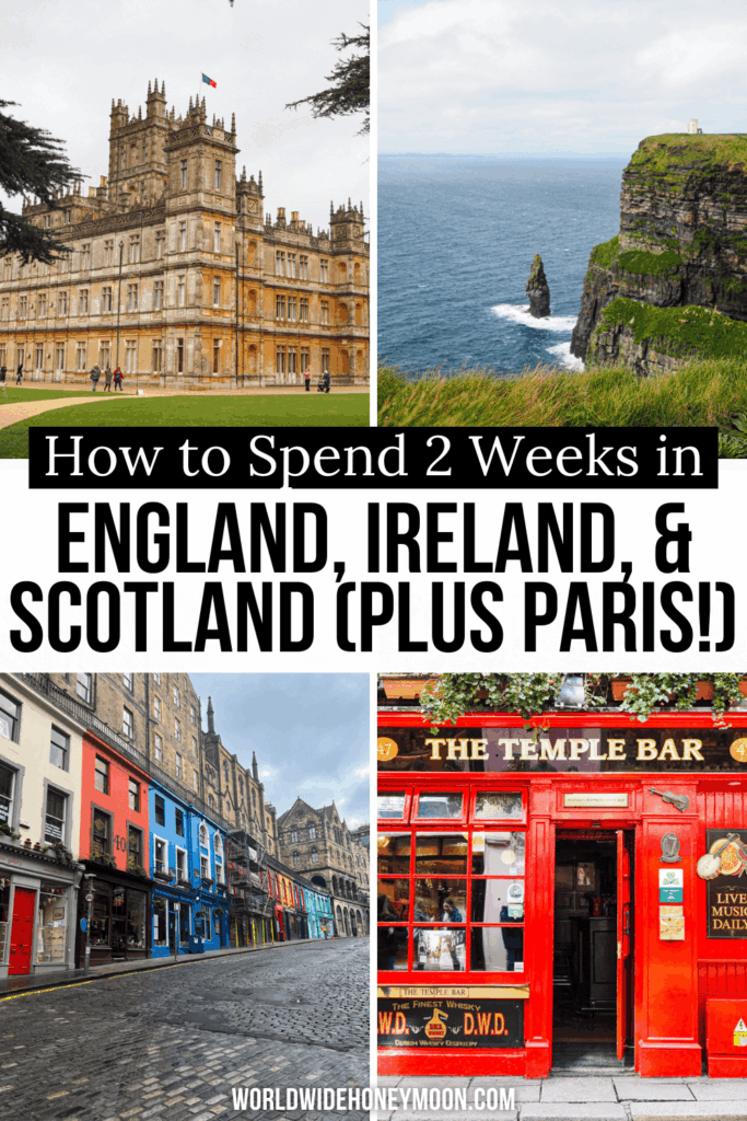 Searching for an epic England, Ireland, and Scotland itinerary? This is the perfect England, Ireland, and Scotland trip in 14 days (which includes even a short 2-day stop in Paris)! Enjoy these 2 weeks in England, Scotland, and Ireland with stops in London, Highclere Castle, Edinburgh, Isle of Skye, Dublin, the Cliffs of Moher, and more! Click here for your ultimate london, scotland, and ireland itinerary! england scotland ireland road trip | scotland london paris