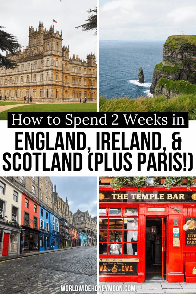 Searching for an epic England, Ireland, and Scotland itinerary? This is the perfect England, Ireland, and Scotland trip in 14 days (which includes even a short 2-day stop in Paris)! Enjoy these 2 weeks in England, Scotland, and Ireland with stops in London, Highclere Castle, Edinburgh, Isle of Skye, Dublin, the Cliffs of Moher, and more! Click here for your ultimate london, scotland, and ireland itinerary! england scotland ireland road trip | scotland london paris
