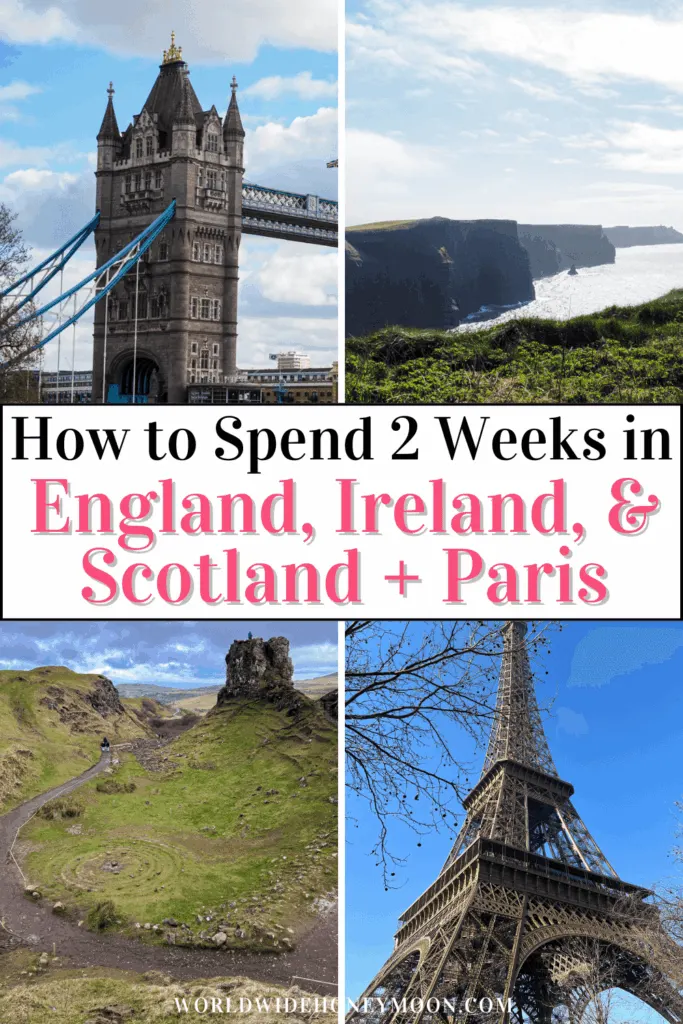 Searching for an epic England, Ireland, and Scotland itinerary? This is the perfect England, Ireland, and Scotland trip in 14 days (which includes even a short 2-day stop in Paris)! Enjoy these 2 weeks in England, Scotland, and Ireland with stops in London, Highclere Castle, Edinburgh, Isle of Skye, Dublin, the Cliffs of Moher, and more! Click here for your ultimate london, scotland, and ireland itinerary! england scotland ireland road trip | scotland london paris