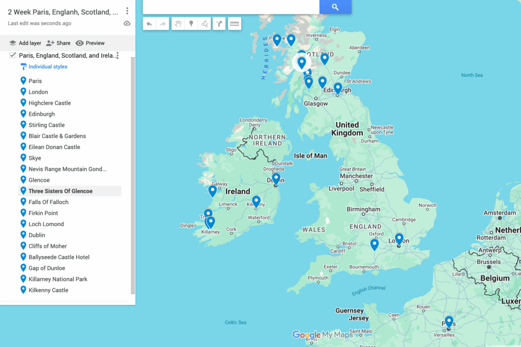 Paris, England, Scotland, and Ireland Itinerary Map