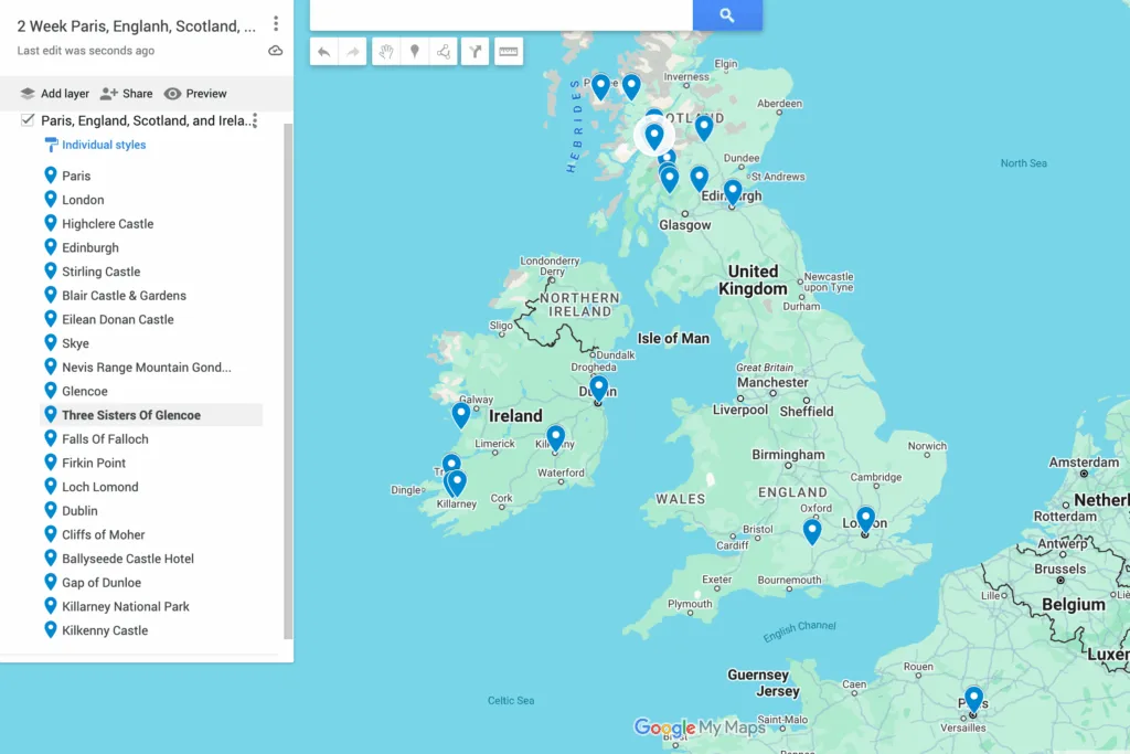 Paris, England, Scotland, and Ireland Itinerary Map