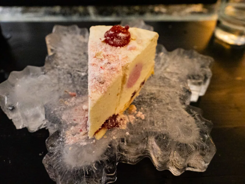 Dessert at the Arctic SnowHotel served on an ice plate shaped like a snowflake