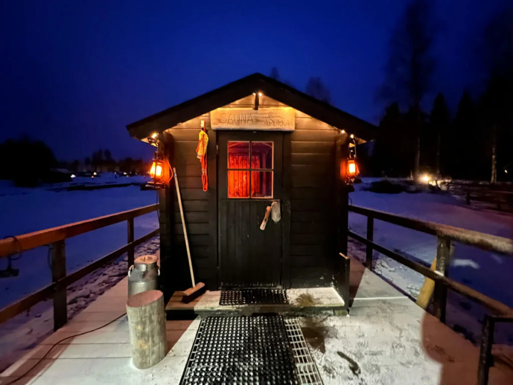 Exterior of floating lake sauna