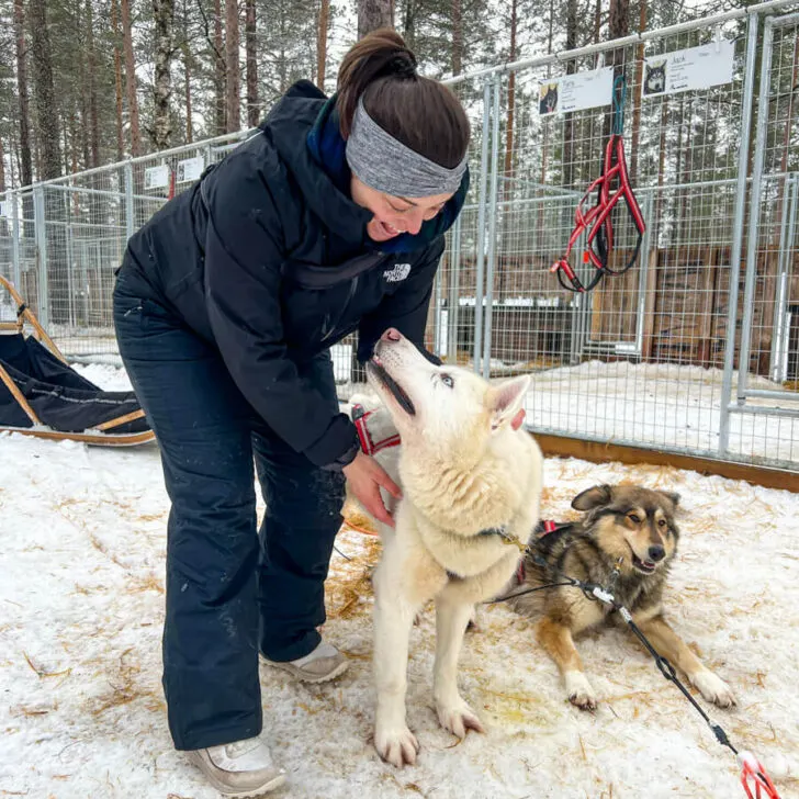 Kat petting a dog after dog sledding
