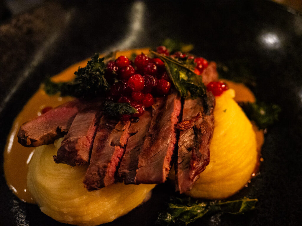 Roast reindeer over mashed potatoes at Roka kitchen and wine bar in Rovaniemi