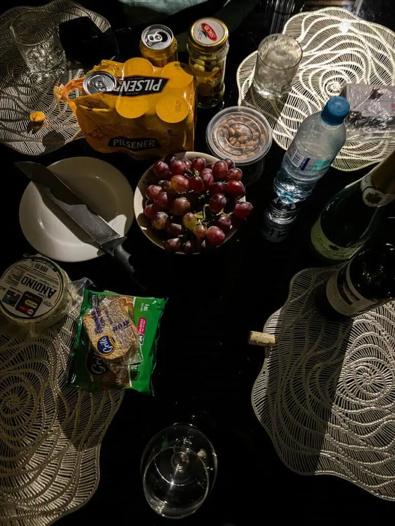 NYE in Quito set up with grapes, beer, and snacks