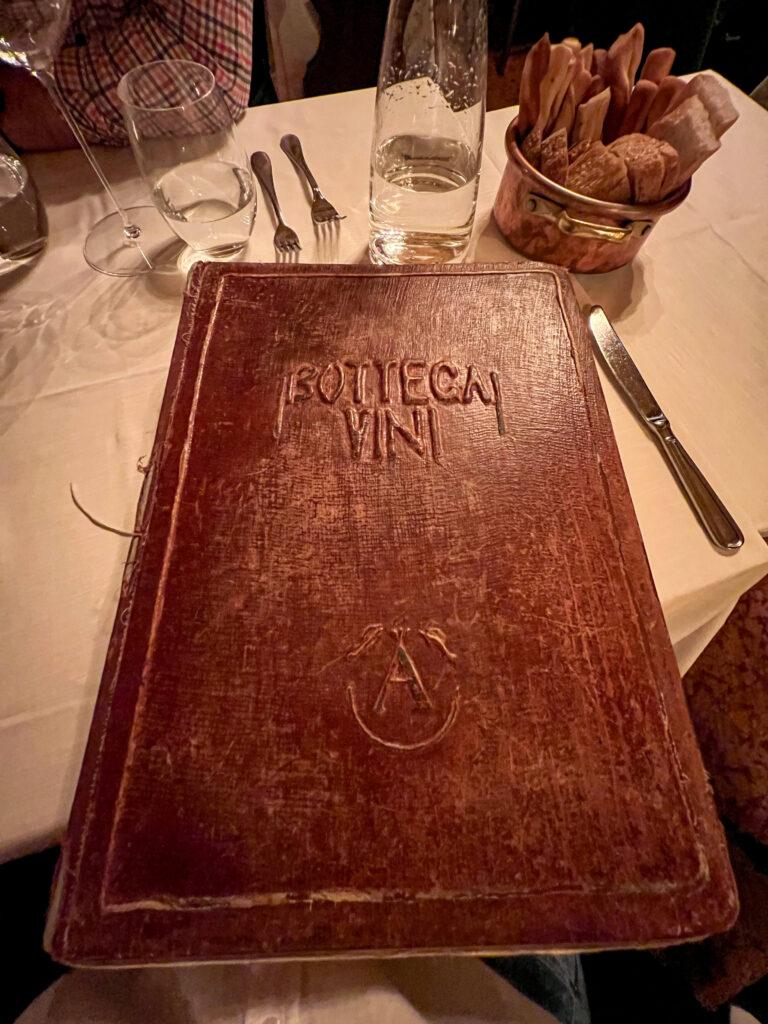 Antica Bottega del Vino wine list leather book