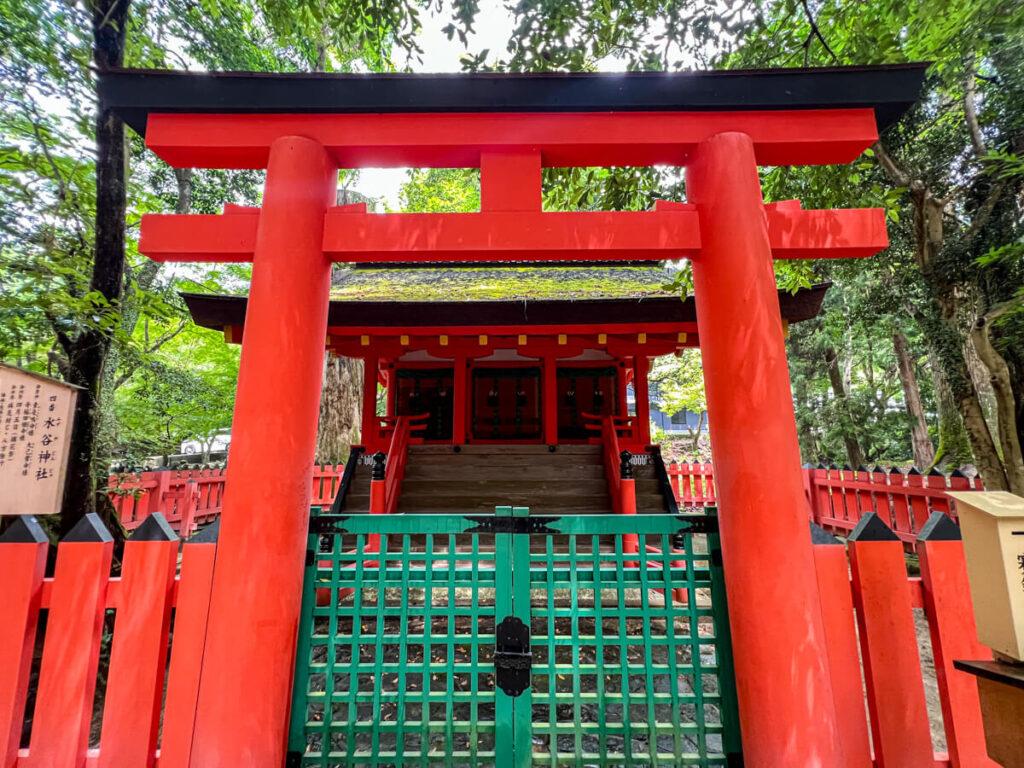 Red torii gate and temple in Nara