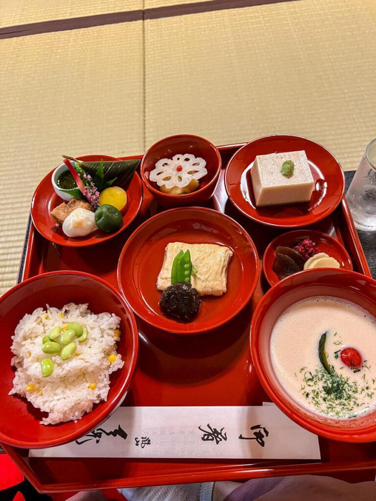 Tofu and vegan lunch in little bowels on a tray at Shigetsu