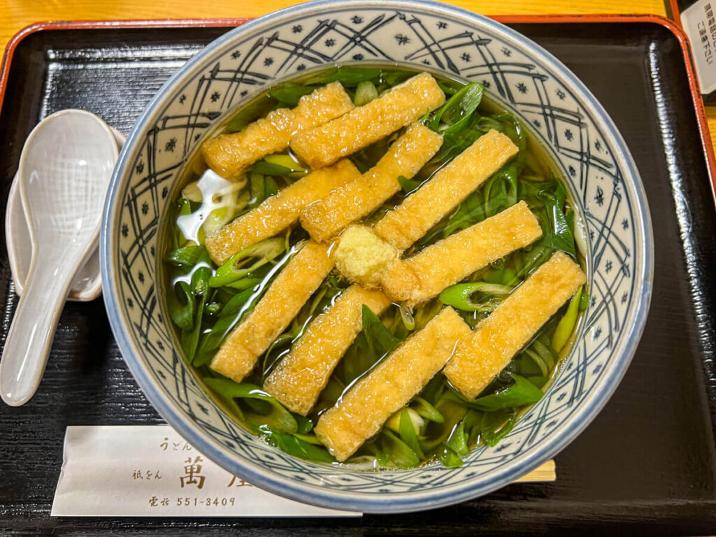 Udon noodle soup with green onion and fried tofu